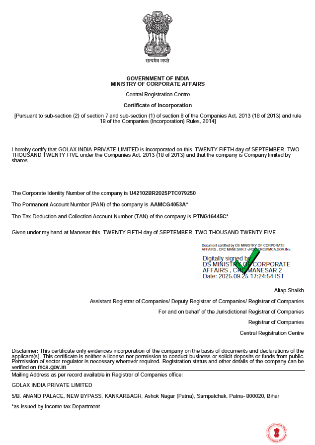 Certificate of Incorporation — GOLAX INDIA PRIVATE LIMITED