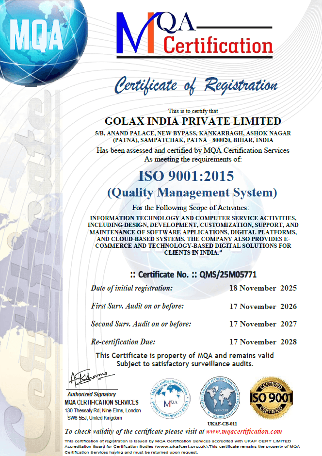 ISO 9001:2015 — GOLAX INDIA PRIVATE LIMITED