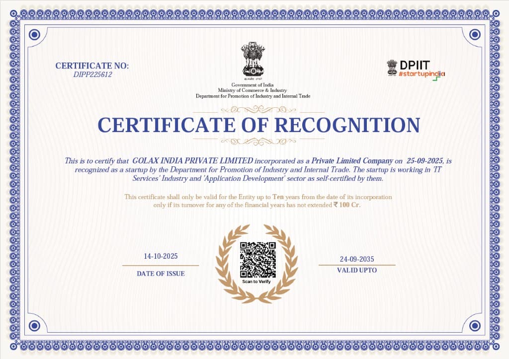 Startup India — Certificate of Recognition — GOLAX INDIA PRIVATE LIMITED